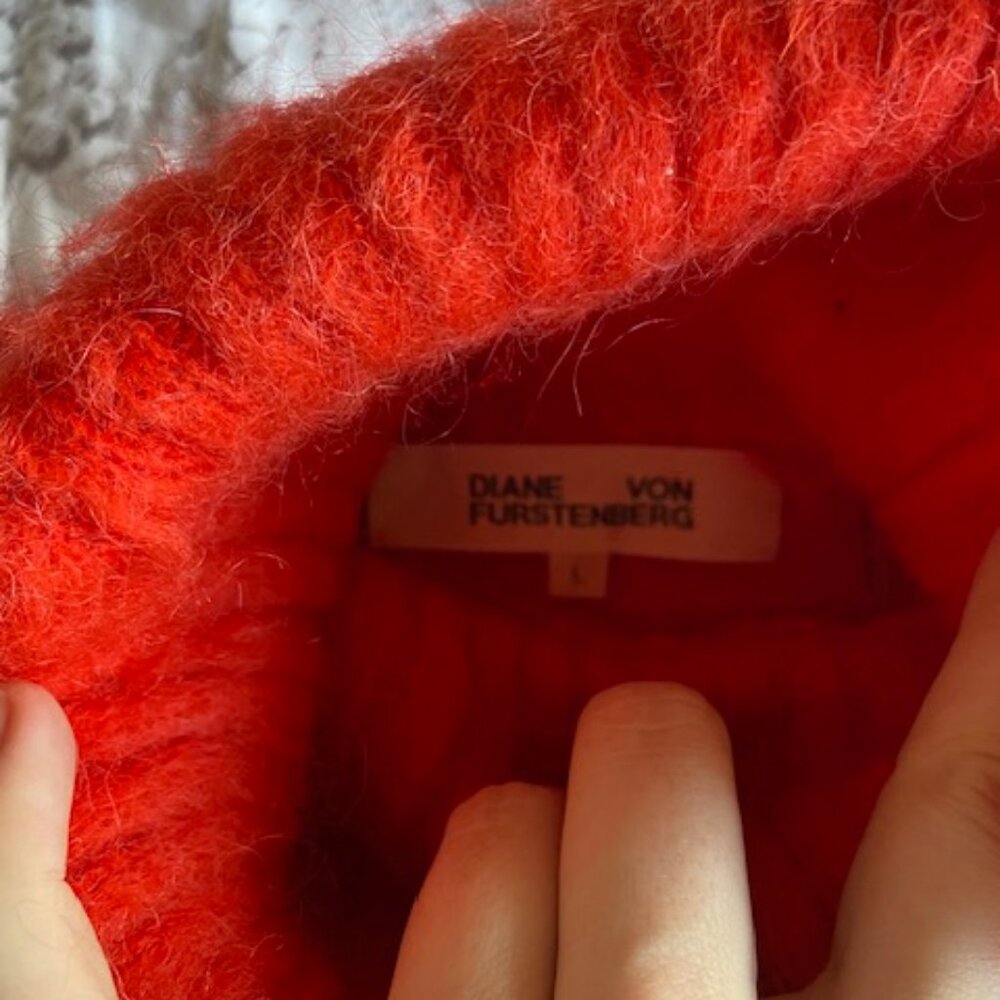 Diane von Furstenberg Chunky Coral Turtleneck Striped Mohair Alpaca Sweater L - Picture 2 of 3